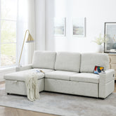 Linen Upholstered Sleeper Sectional Sofa, Shaped Modular Convertible Sofa with Storage Chaise,Side armrests with cup holders,Pull Out Sleep Couch Bed ,BEIGE
